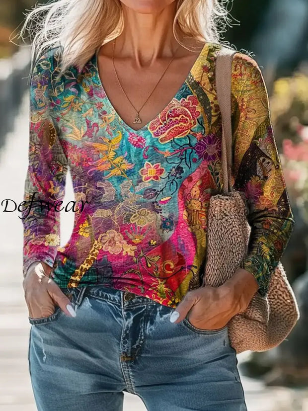 Retro Boho Floral Art Printed Vintage Casual Cotton V-Neck Long Sleeve T-Shirt A / S