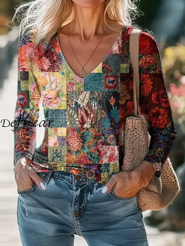 Retro Boho Floral Art Printed Vintage Casual Cotton V-Neck Long Sleeve T-Shirt A / S