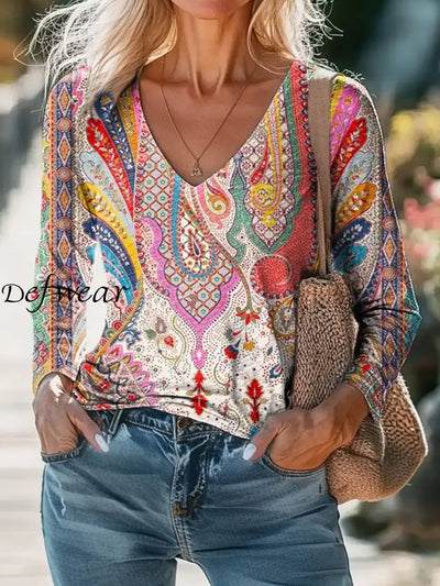 Retro Boho Floral Art Printed Vintage Casual Cotton V-Neck Long Sleeve T-Shirt A / S