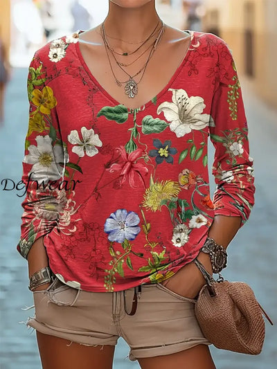 Retro Boho Floral Art Printed Vintage Casual Cotton V-Neck Long Sleeve T-Shirt A / S