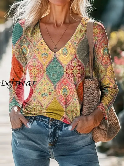 Retro Boho Floral Art Printed Vintage Casual Cotton V-Neck Long Sleeve T-Shirt A / S