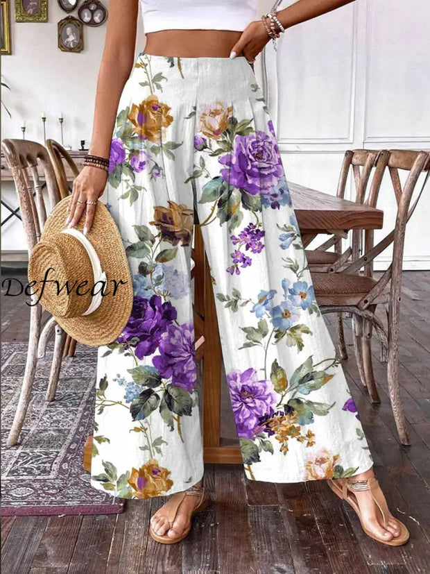 Retro Boho Floral Art Printed Vintage Chic Cotton Wide Leg Pants A / S