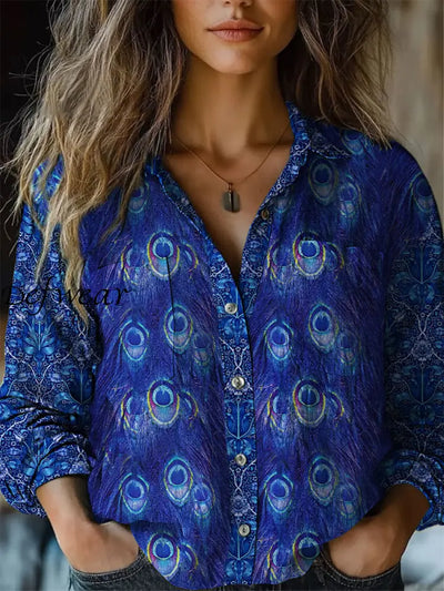 Retro Boho Floral Art Printed Vintage Chic V-Neck Button Pocket Cotton Long Sleeve Shirt A / S