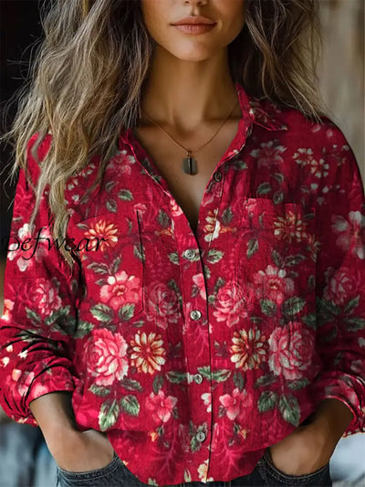 Retro Boho Floral Art Printed Vintage Chic V-Neck Button Pocket Cotton Long Sleeve Shirt A / S