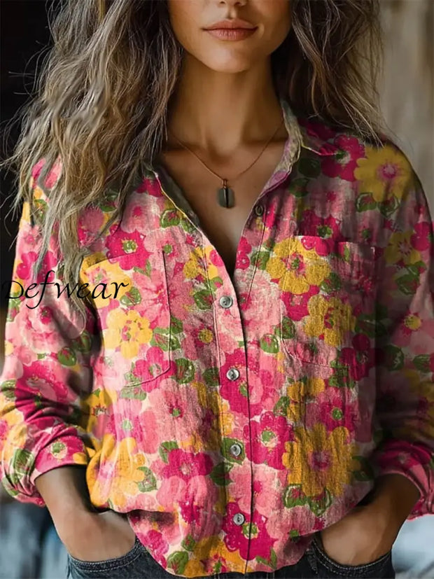 Retro Boho Floral Art Printed Vintage Chic V-Neck Button Pocket Cotton Long Sleeve Shirt A / S