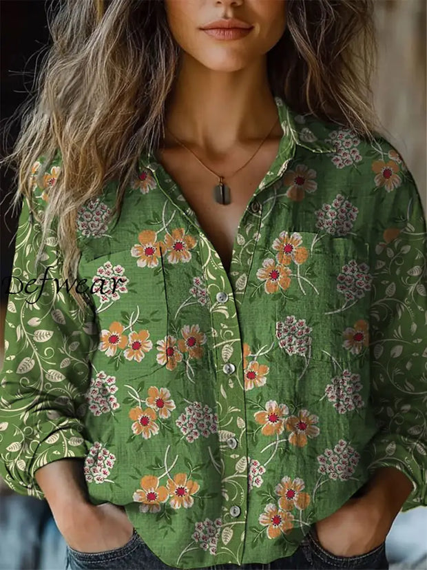 Retro Boho Floral Art Printed Vintage Chic V-Neck Button Pocket Cotton Long Sleeve Shirt A / S