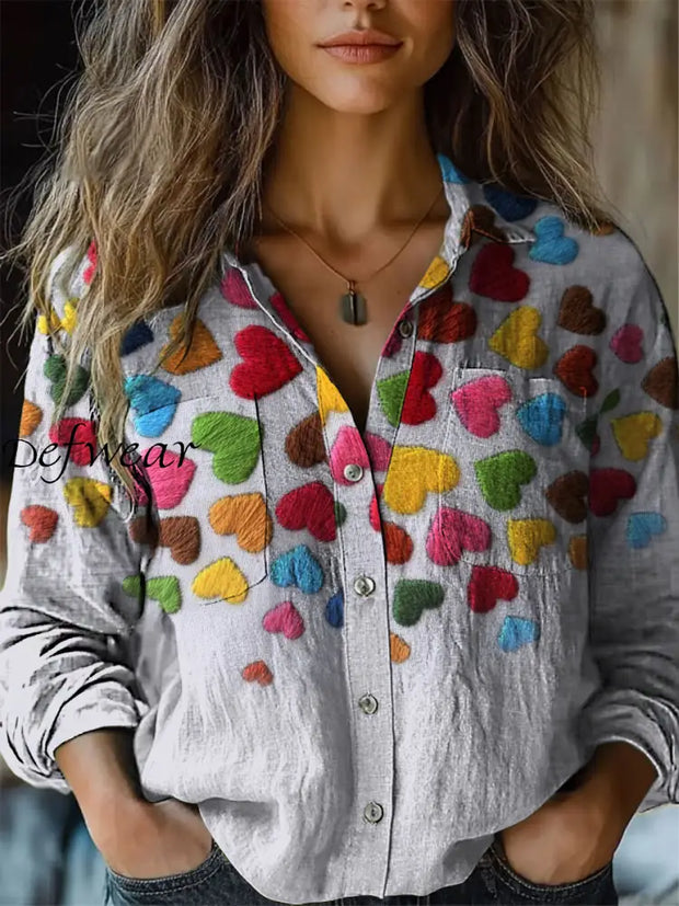 Retro Boho Floral Art Printed Vintage Chic V-Neck Button Pocket Cotton Long Sleeve Shirt A / S