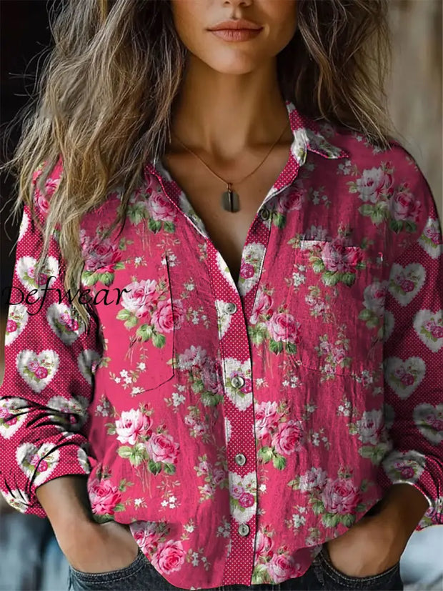 Retro Boho Floral Art Printed Vintage Chic V-Neck Button Pocket Cotton Long Sleeve Shirt A / S