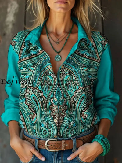 Retro Boho Floral Art Printed Vintage Chic V-Neck Button Pocket Cotton Long Sleeve Shirt A / S