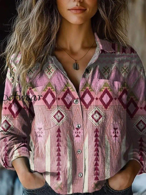 Retro Boho Floral Art Printed Vintage Chic V-Neck Button Pocket Cotton Long Sleeve Shirt A / S