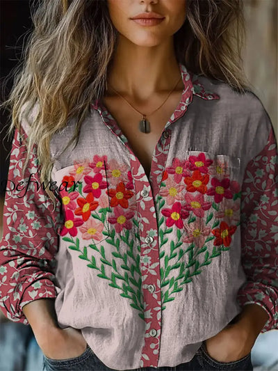 Retro Boho Floral Art Printed Vintage Chic V-Neck Button Pocket Cotton Long Sleeve Shirt A / S