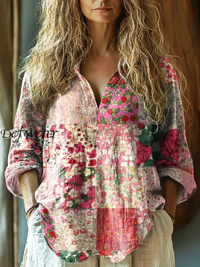 Retro Boho Floral Art Printed Vintage Chic V-Neck Button Pocket Cotton Long Sleeve Shirt A / S