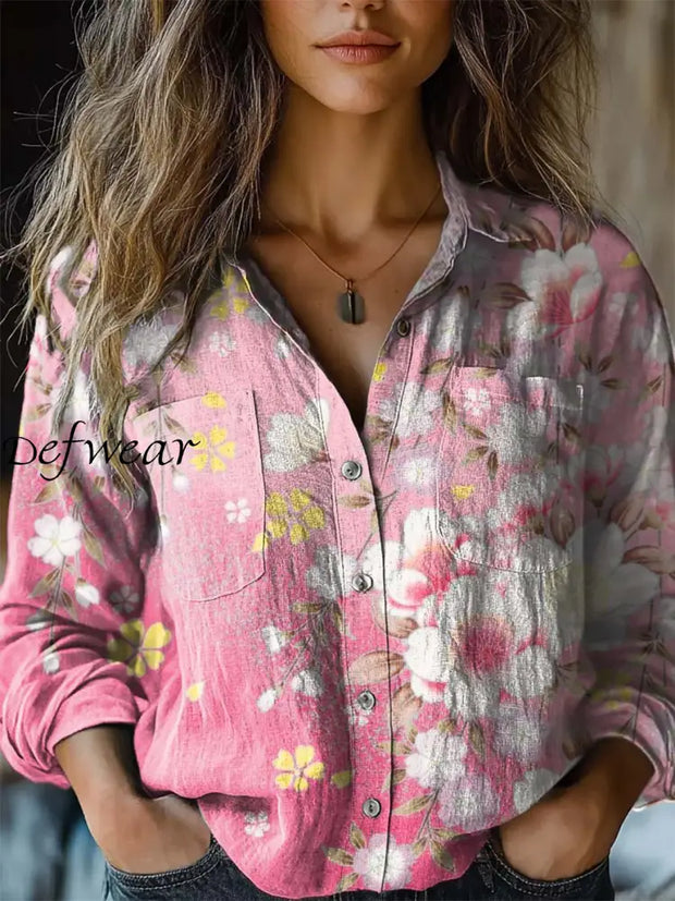 Retro Boho Floral Art Printed Vintage Chic V-Neck Button Pocket Cotton Long Sleeve Shirt A / S