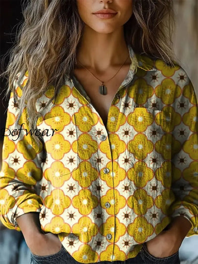 Retro Boho Floral Art Printed Vintage Chic V-Neck Button Pocket Cotton Long Sleeve Shirt A / S