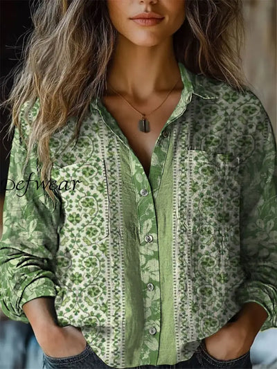 Retro Boho Floral Art Printed Vintage Chic V-Neck Button Pocket Cotton Long Sleeve Shirt A / S