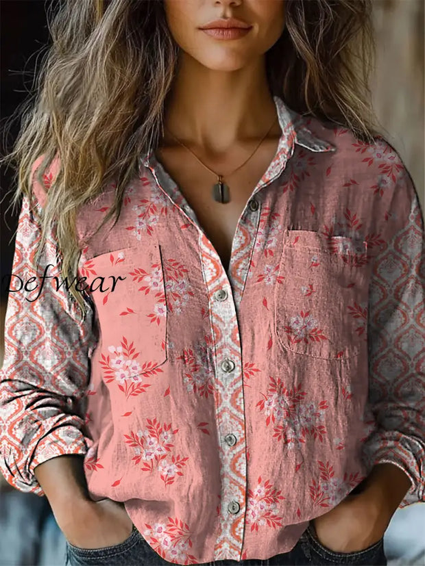 Retro Boho Floral Art Printed Vintage Chic V-Neck Button Pocket Cotton Long Sleeve Shirt A / S