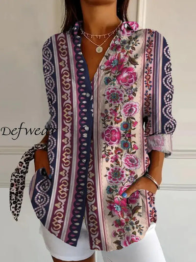 Retro Boho Floral Art Printed Vintage Chic V-Neck Button Pocket Cotton Long Sleeve Shirt A / S