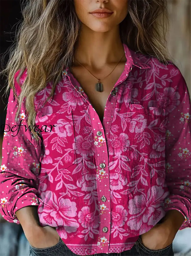 Retro Boho Floral Art Printed Vintage Chic V-Neck Button Pocket Cotton Long Sleeve Shirt A / S