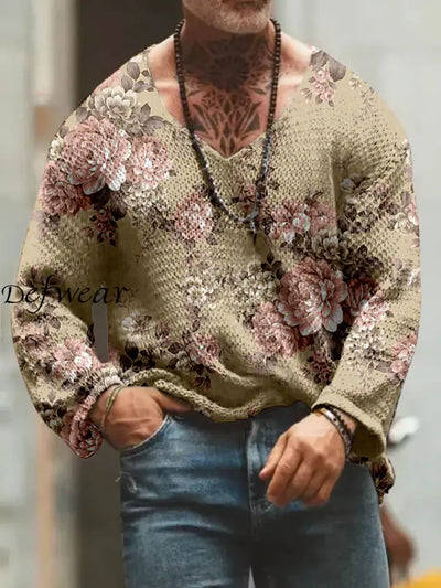 Retro Boho Floral Art Printed Western Vintage V-Neck Knitted Long-Sleeved Shirt A / S