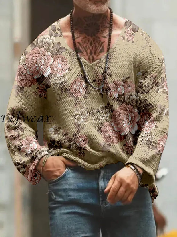 Retro Boho Floral Art Printed Western Vintage V-Neck Knitted Long-Sleeved Shirt A / S