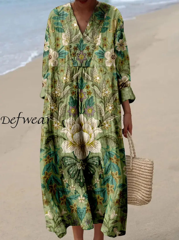 Retro Boho Floral Art Printed Wide Edge V-Neck Vintage Loose Long Sleeves Midi Dress A / S