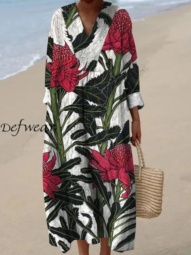 Retro Boho Floral Art Printed Wide Edge V-Neck Vintage Loose Long Sleeves Midi Dress A / S