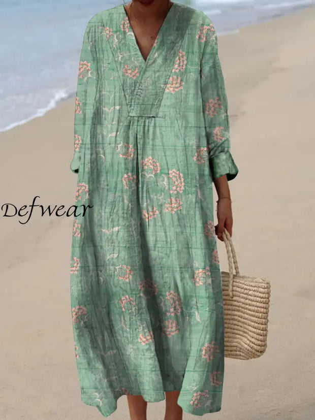 Retro Boho Floral Art Printed Wide Edge V-Neck Vintage Loose Long Sleeves Midi Dress A / S