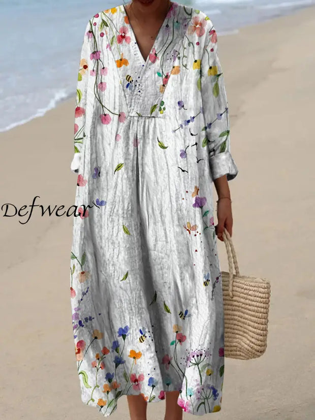 Retro Boho Floral Art Printed Wide Edge V-Neck Vintage Loose Long Sleeves Midi Dress A / S