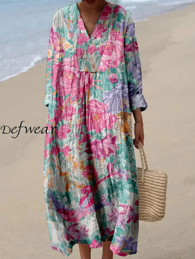 Retro Boho Floral Art Printed Wide Edge V-Neck Vintage Loose Long Sleeves Midi Dress A / S