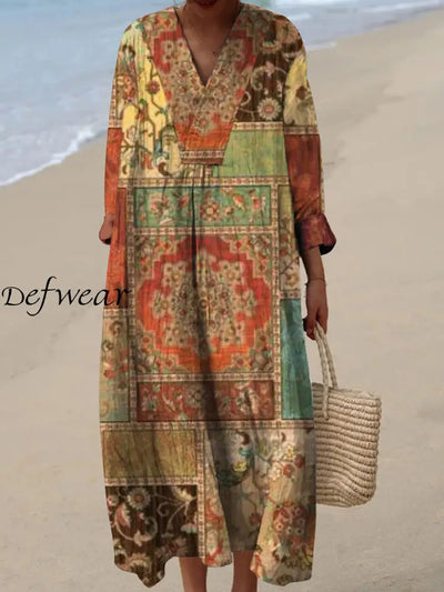 Retro Boho Floral Art Printed Wide Edge V-Neck Vintage Loose Long Sleeves Midi Dress A / S