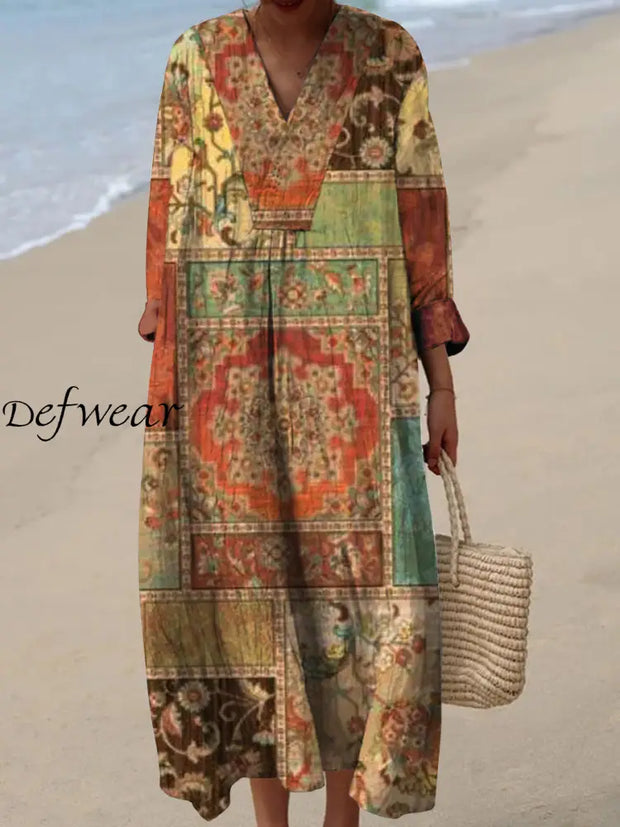 Retro Boho Floral Art Printed Wide Edge V-Neck Vintage Loose Long Sleeves Midi Dress A / S