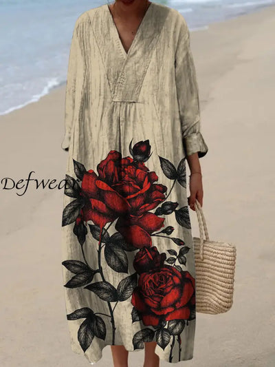 Retro Boho Floral Art Printed Wide Edge V-Neck Vintage Loose Long Sleeves Midi Dress A / S