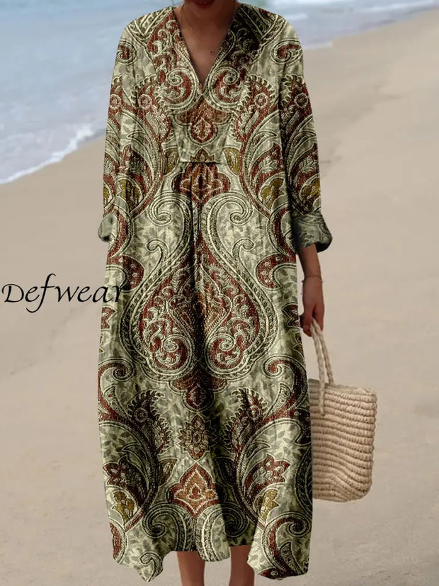 Retro Boho Floral Art Printed Wide Edge V-Neck Vintage Loose Long Sleeves Midi Dress A / S