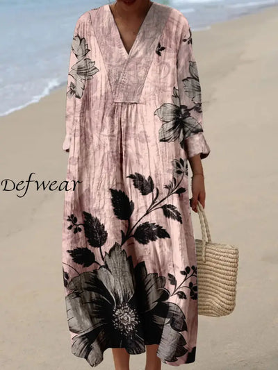 Retro Boho Floral Art Printed Wide Edge V-Neck Vintage Loose Long Sleeves Midi Dress A / S