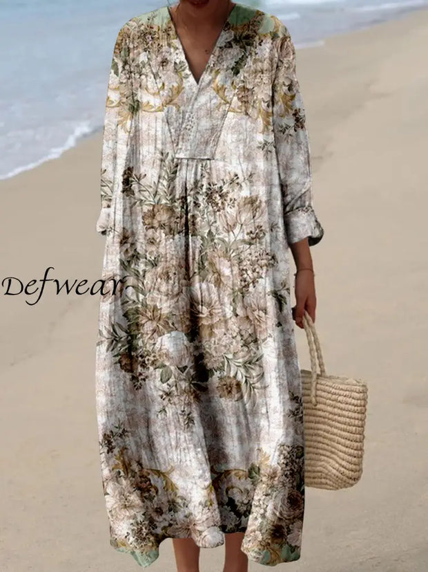 Retro Boho Floral Art Printed Wide Edge V-Neck Vintage Loose Long Sleeves Midi Dress A / S