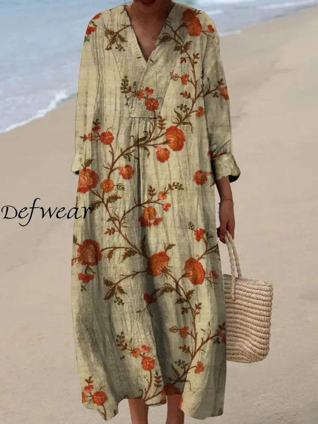 Retro Boho Floral Art Printed Wide Edge V-Neck Vintage Loose Long Sleeves Midi Dress A / S