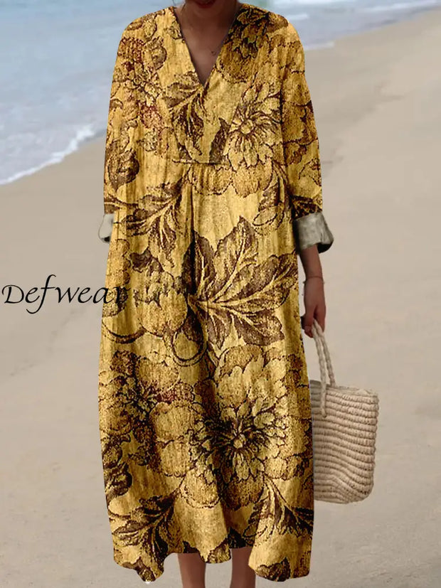 Retro Boho Floral Art Printed Wide Edge V-Neck Vintage Loose Long Sleeves Midi Dress A / S