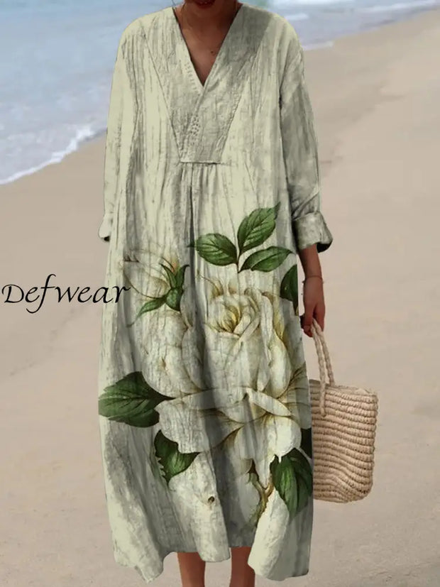 Retro Boho Floral Art Printed Wide Edge V-Neck Vintage Loose Long Sleeves Midi Dress A / S