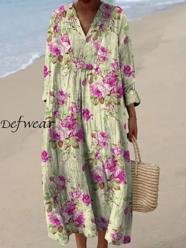 Retro Boho Floral Art Printed Wide Edge V-Neck Vintage Loose Long Sleeves Midi Dress A / S