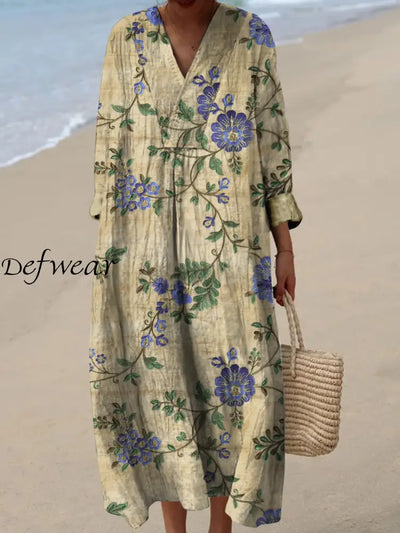 Retro Boho Floral Art Printed Wide Edge V-Neck Vintage Loose Long Sleeves Midi Dress A / S