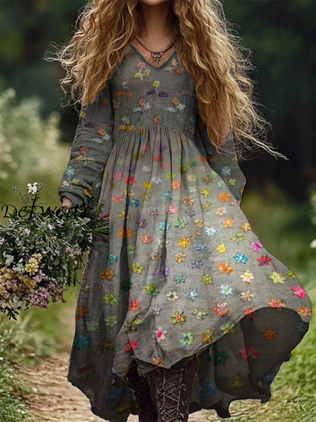 Retro Boho Floral Botany Print Vintage Chic V-Neck Cotton Long Sleeve Midi Dress A / S