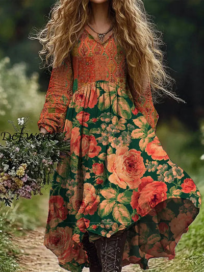 Retro Boho Floral Botany Print Vintage Chic V-Neck Cotton Long Sleeve Midi Dress A / S