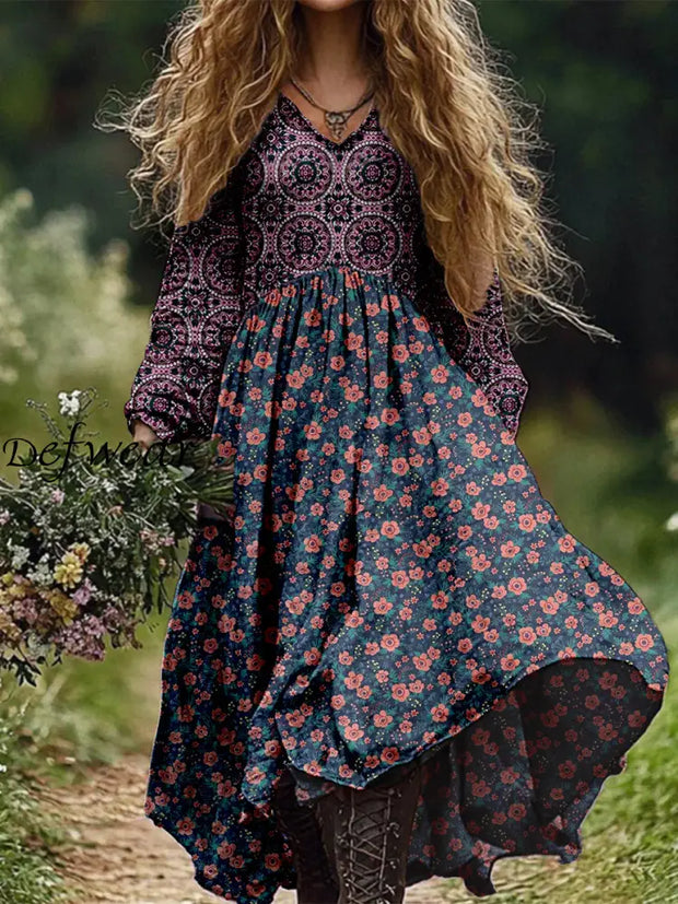 Retro Boho Floral Botany Print Vintage Chic V-Neck Cotton Long Sleeve Midi Dress A / S