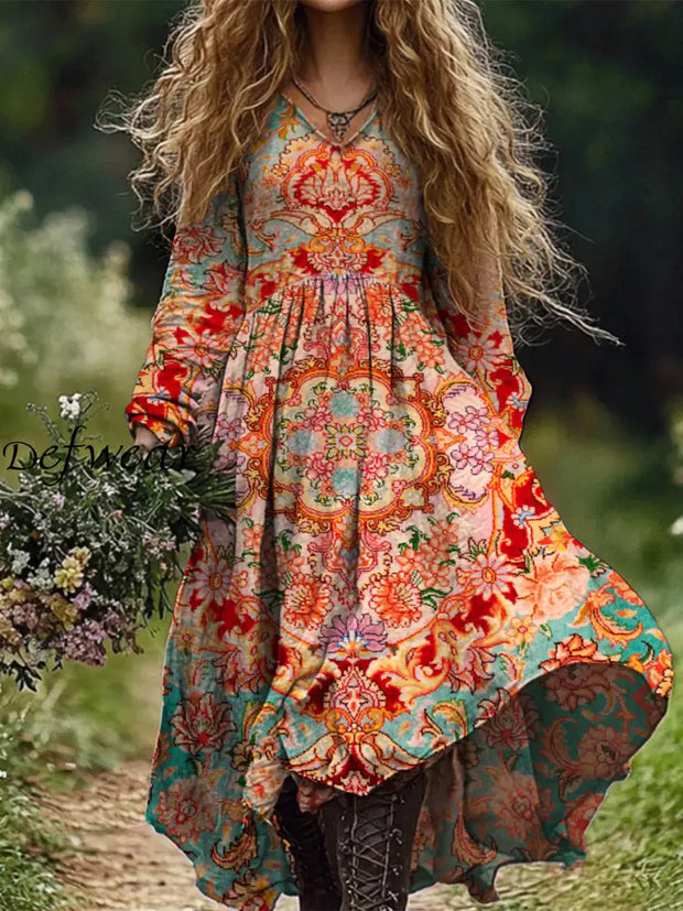 Retro Boho Floral Botany Print Vintage Chic V-Neck Cotton Long Sleeve Midi Dress A / S