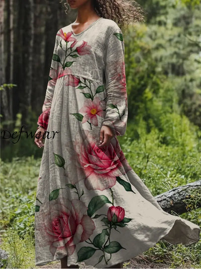 Retro Boho Floral Botany Print Vintage Chic V-Neck Cotton Long Sleeve Midi Dress A / S