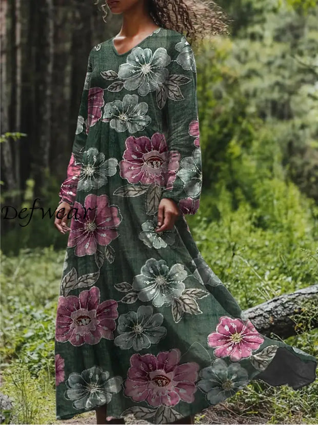 Retro Boho Floral Botany Print Vintage Chic V-Neck Cotton Long Sleeve Midi Dress A / S