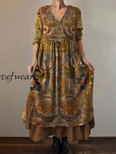 Retro Boho Floral Botany Print Vintage V-Neck Double Hemline Cotton Long Sleeve Midi Dress A / S