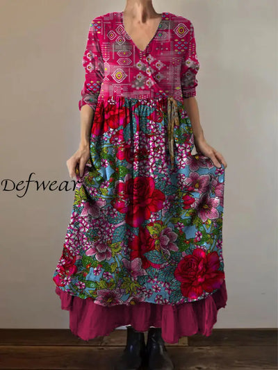 Retro Boho Floral Botany Print Vintage V-Neck Double Hemline Cotton Long Sleeve Midi Dress A / S