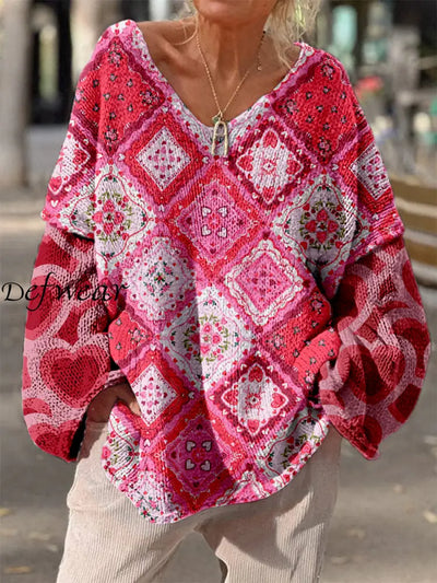 Retro Boho Floral Love Heart Print Vintage Loose Chic V-Neck Long Sleeve Thick Knit Sweater A / S