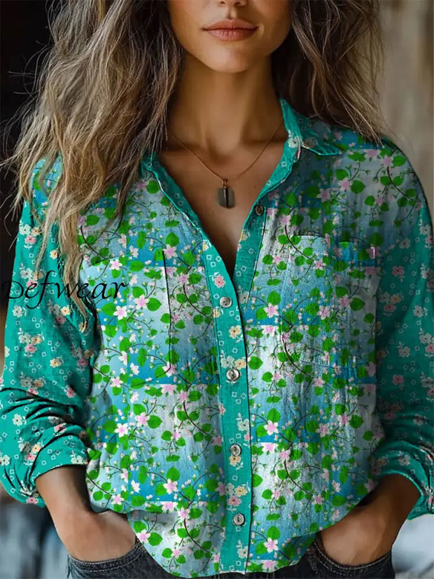 Retro Boho Floral Plant Art Printed Vintage Chic V-Neck Button Pocket Cotton Long Sleeve Shirt A / S